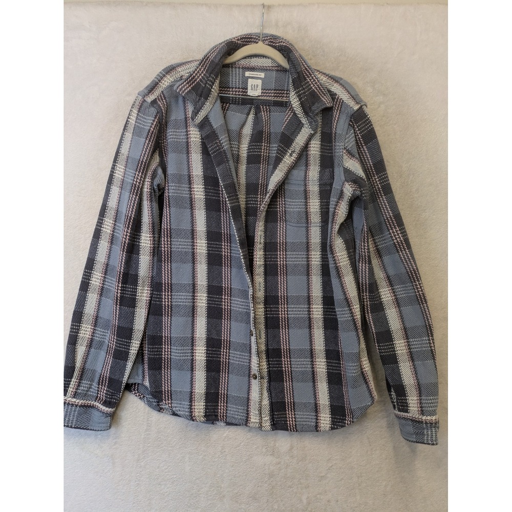 Gap Flannel Button Down Shirt Women's L Blue Gray Plaid Standard Fit Long Sleeve